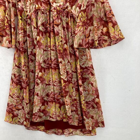 Torrid Floral Surplice Wrap Dress Bell Sleeves Red Pink Yellow Plus 1X Babydoll - Picture 4 of 15